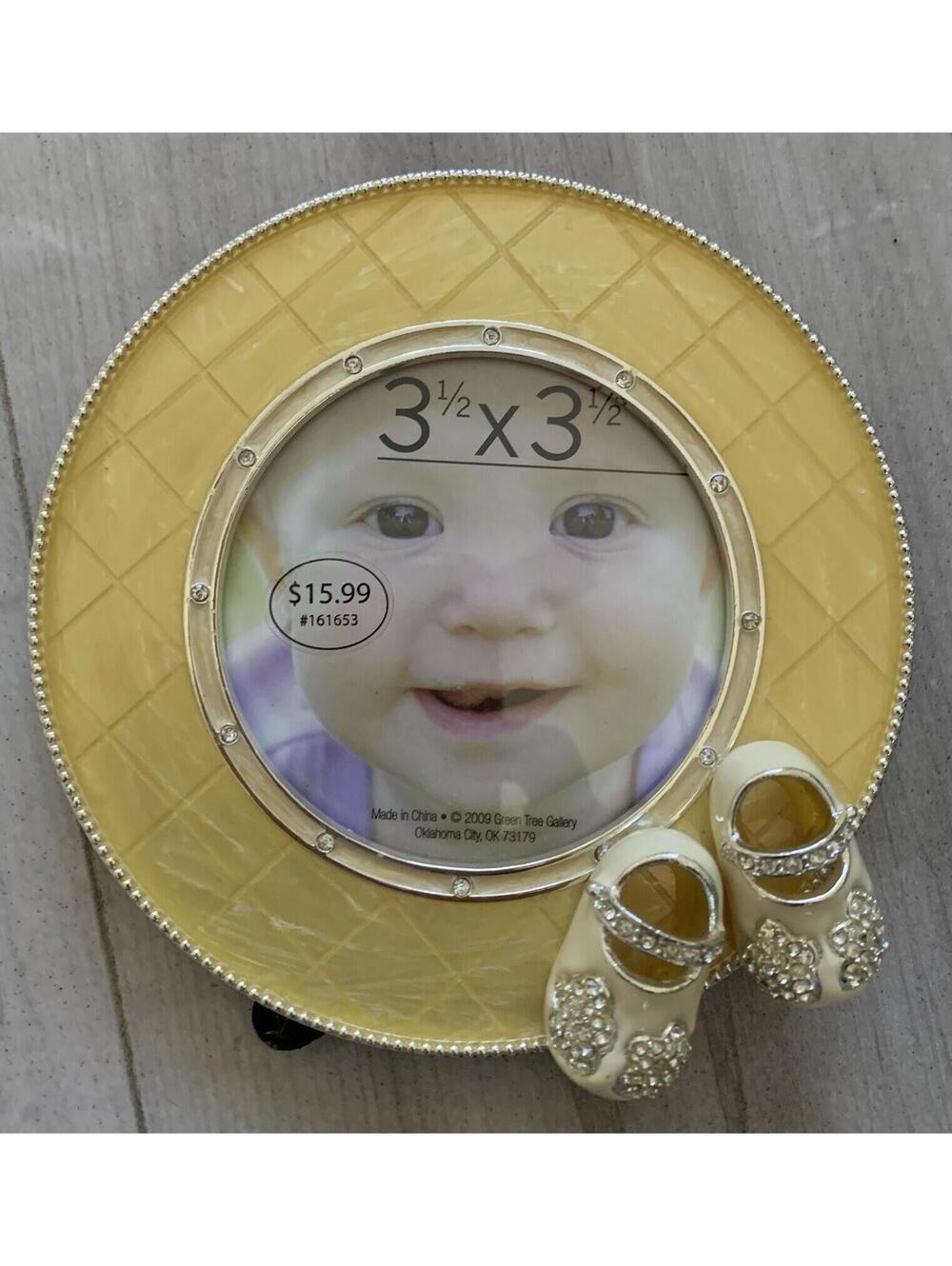 Green Tree Gallery Round Baby Girl Shoes Yellow Enamel Metal Frame 3.5x3.5”